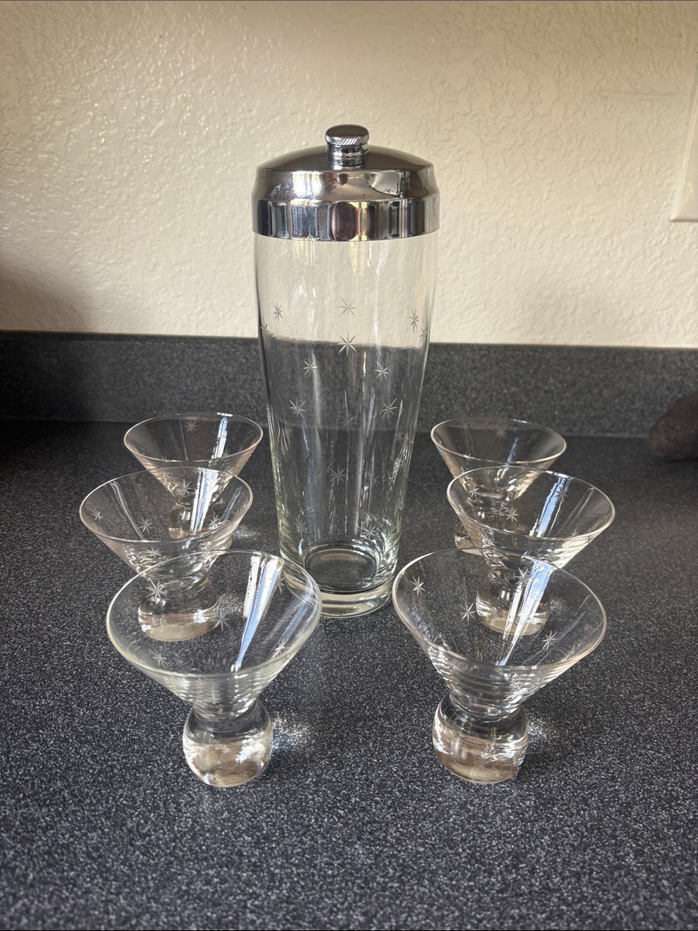Rare Clear Starburst Glass Cocktail Shaker Set with Matching Glasses